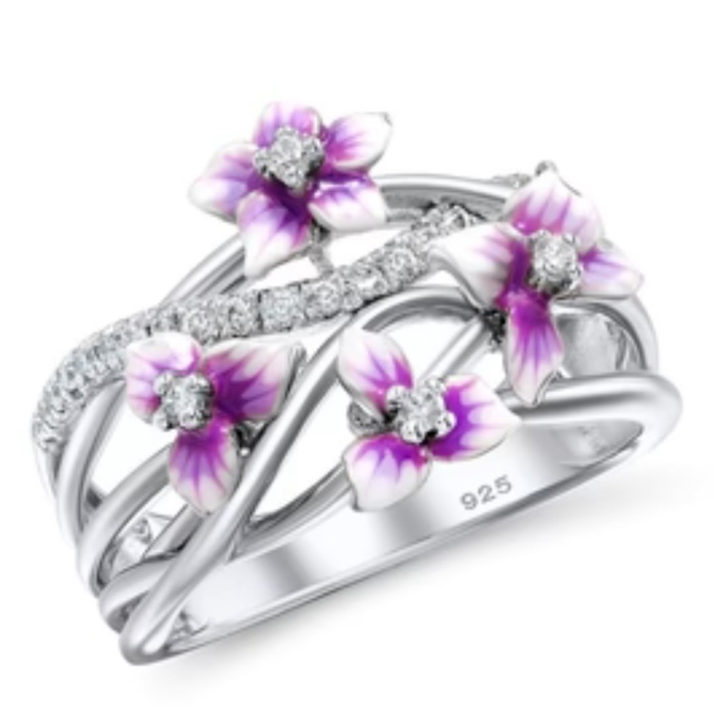 925 Sterling Silver Violet Flower Ring Size 6